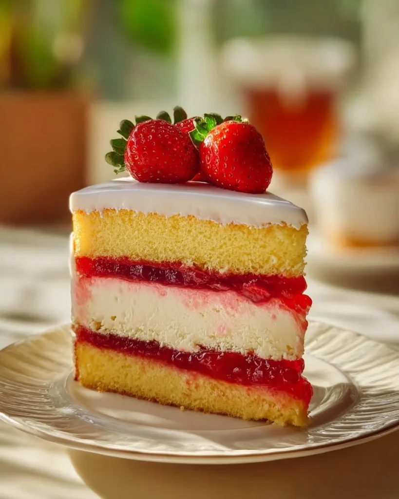 Slice of Strawberry Vanilla Sponge Cake topped with fresh strawberries and cream