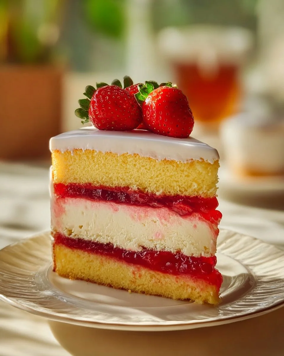 Slice of Strawberry Vanilla Sponge Cake topped with fresh strawberries and cream