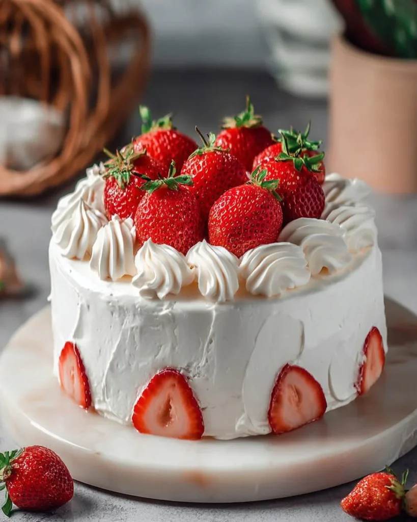 Delicious strawberry whipped cream cake topped with fresh strawberries and whipped cream