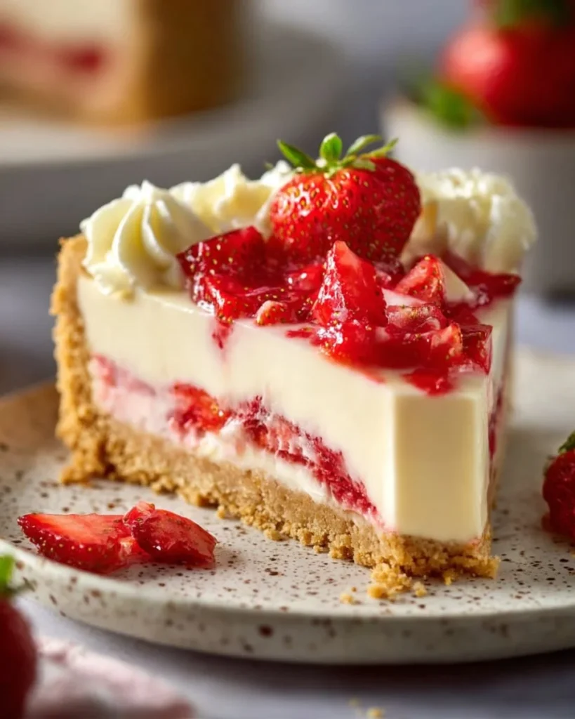 Delicious strawberry white chocolate cheesecake slice on a plate