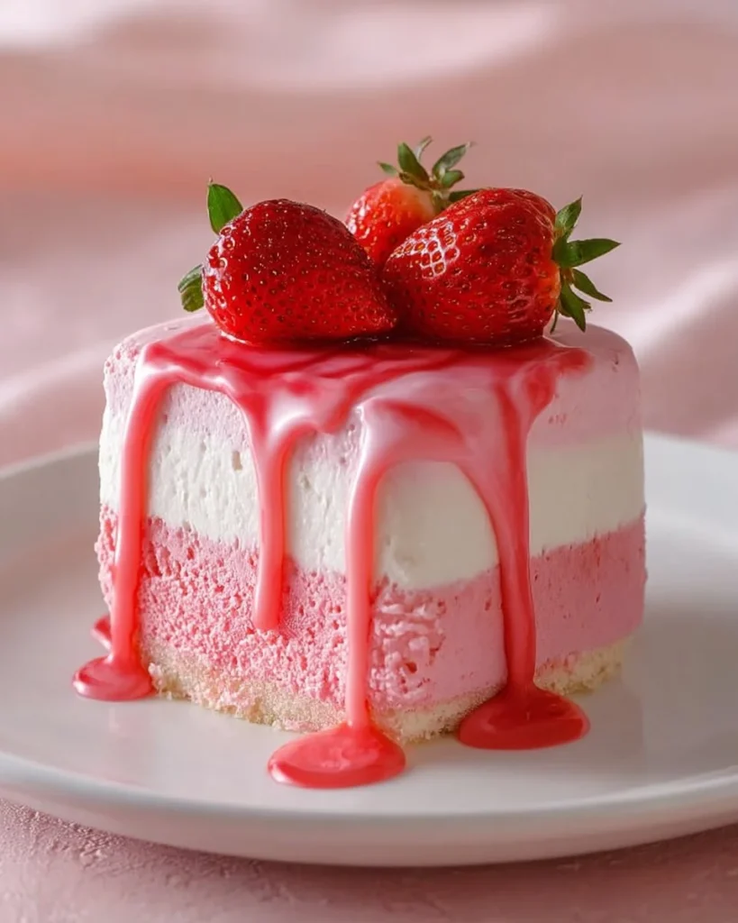 Delicious Strawberry Yogurt Mousse Cake topped with fresh strawberries and yogurt