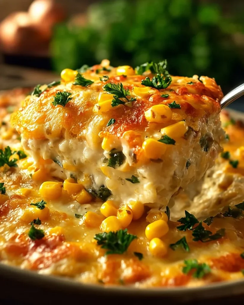 Delicious Street Corn Chicken Casserole topped with cheese and herbs