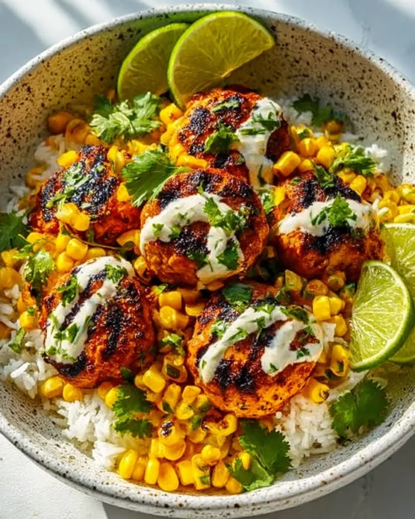 Delicious Street Corn Chicken Rice Bowl garnished with fresh ingredients