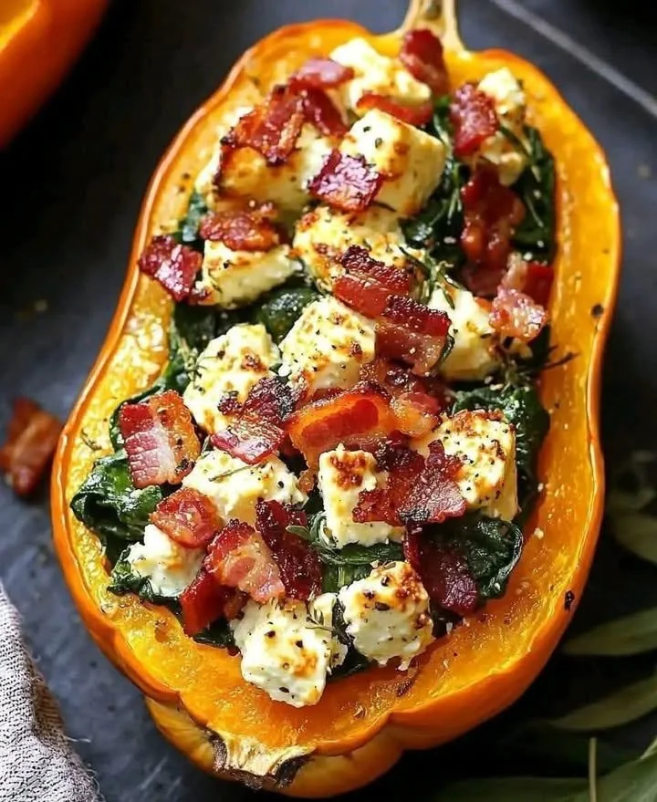 Stuffed butternut squash with feta, spinach, and bacon on a plate.