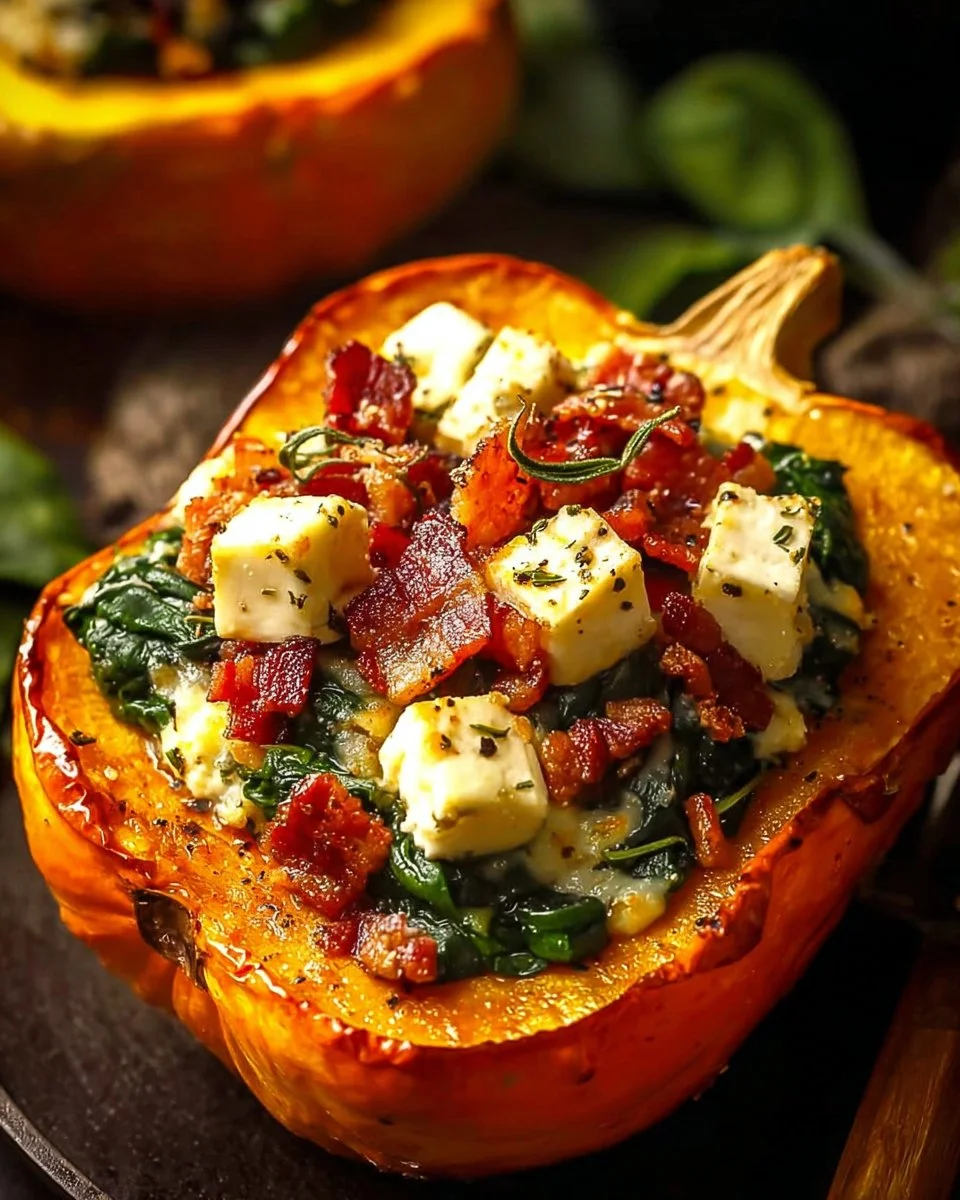 Stuffed butternut squash with feta, spinach, and bacon on a plate.