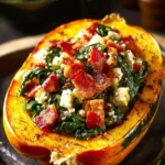 Stuffed butternut squash filled with feta cheese, spinach, and bacon on a plate.