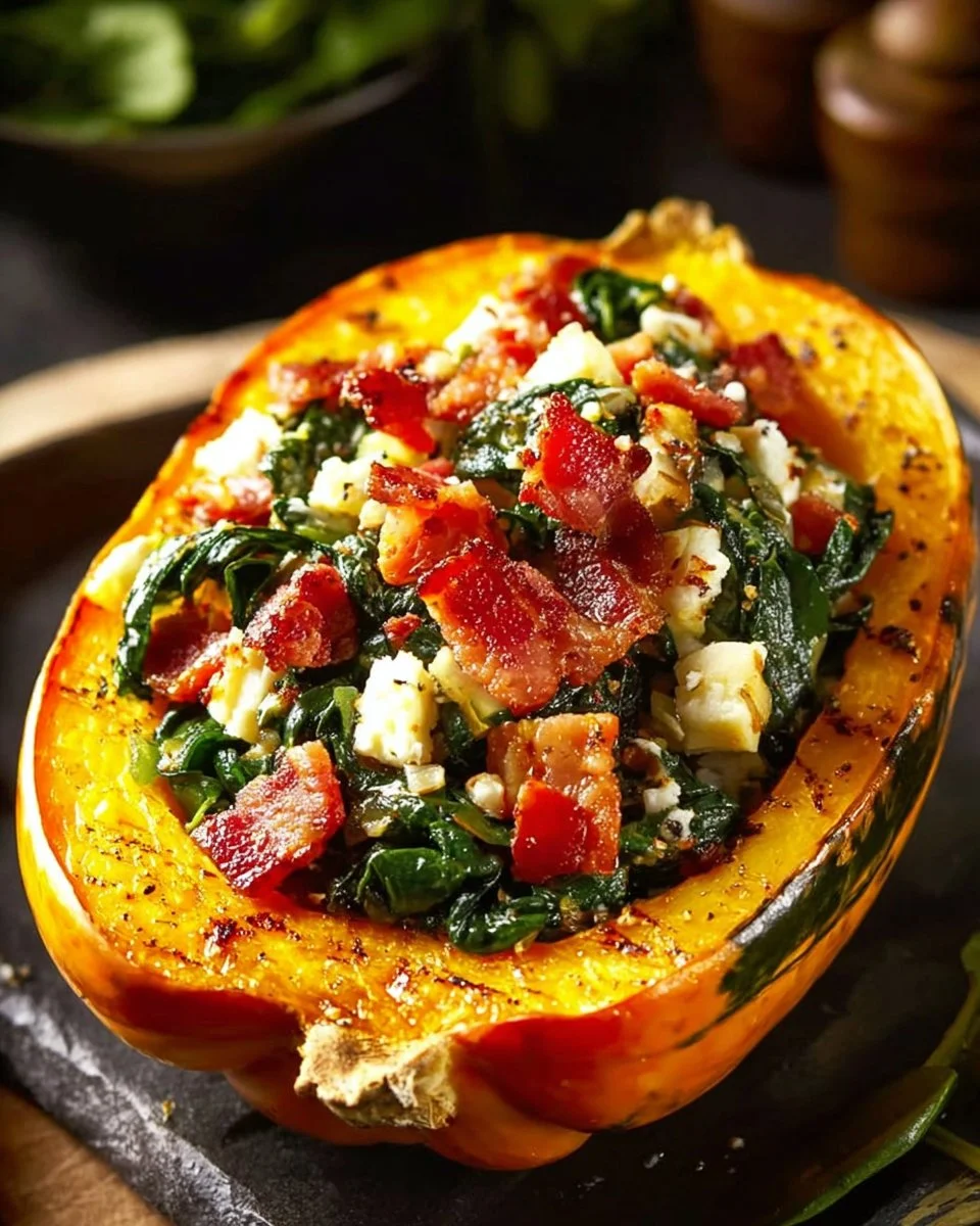 Stuffed butternut squash filled with feta cheese, spinach, and bacon on a plate.
