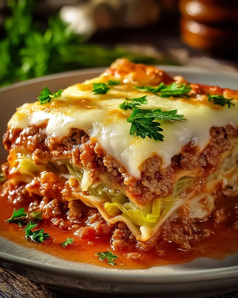 Delicious stuffed cabbage roll casserole topped with savory sauce and cheese.