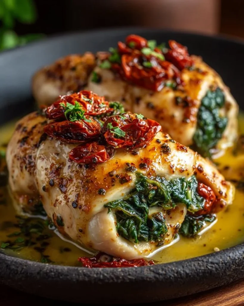 Stuffed chicken breast filled with spinach, cheese, and sun-dried tomatoes on a plate.