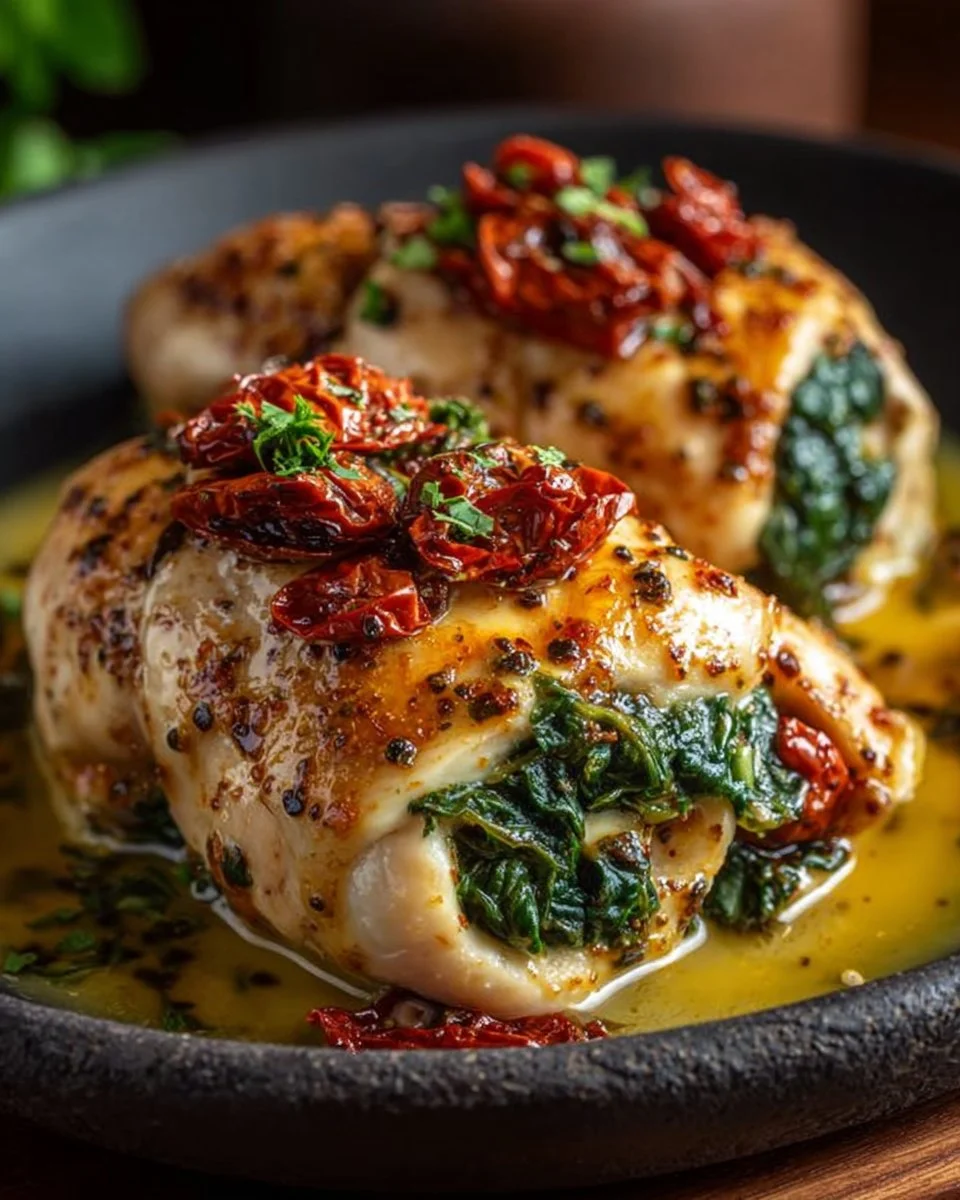 Stuffed chicken breast filled with spinach, cheese, and sun-dried tomatoes on a plate.
