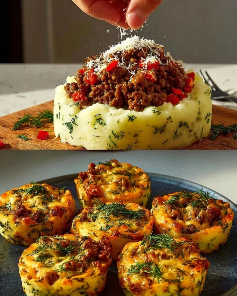 Stuffed mashed potato nests filled with delicious ingredients.