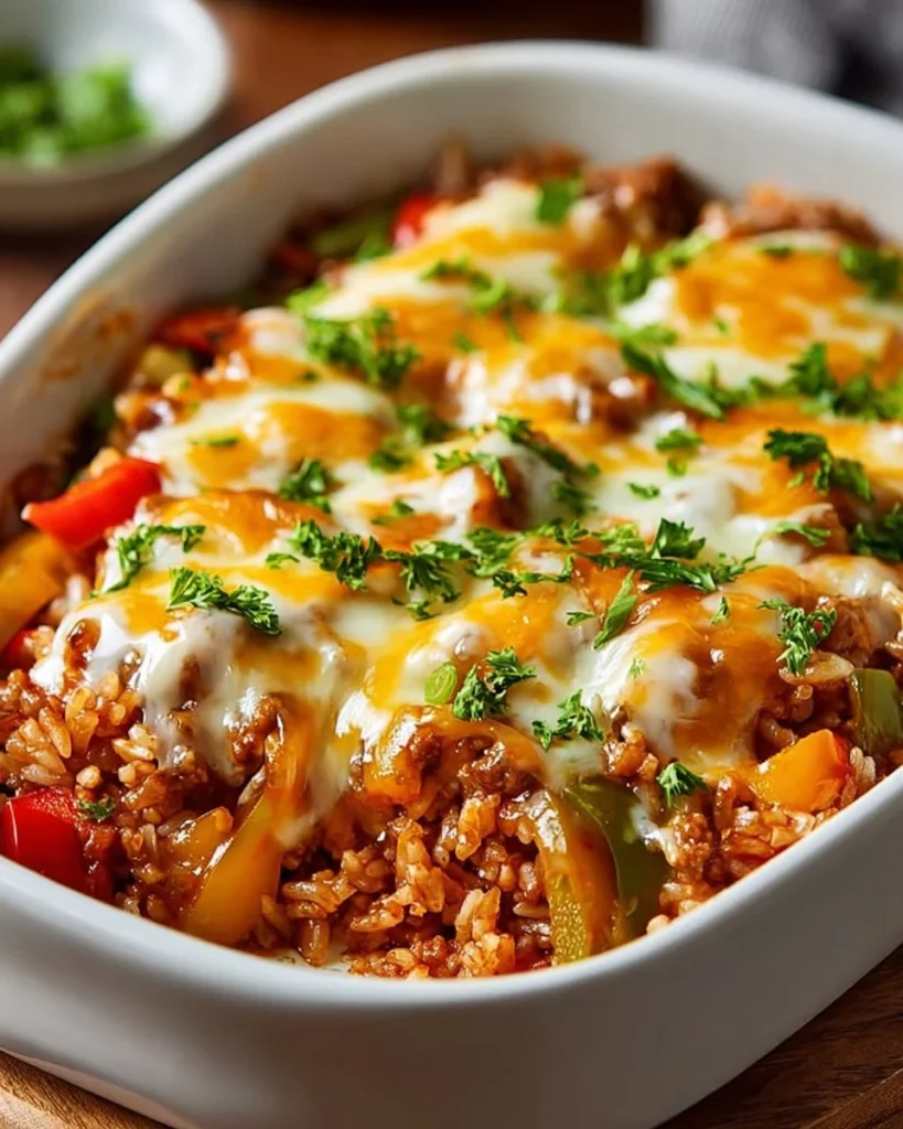 Delicious stuffed pepper casserole topped with cheese and fresh herbs