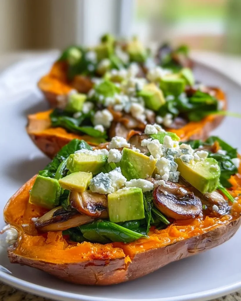 Delicious stuffed sweet potatoes with colorful toppings on a wooden table
