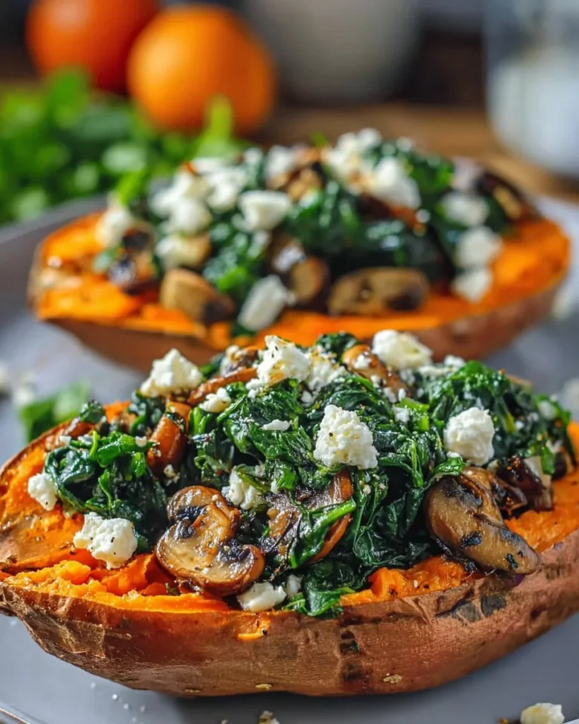 Stuffed sweet potatoes with spinach, mushroom, and feta arranged on a plate