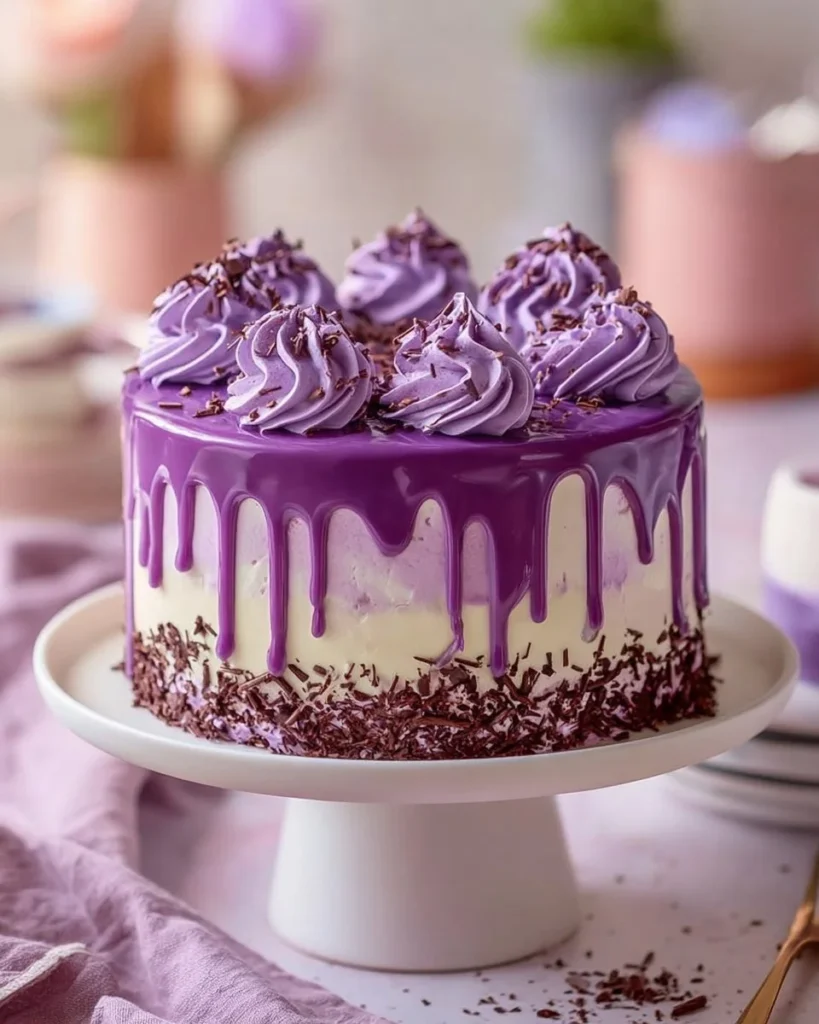 Stunning purple velvet dream cake with cream cheese frosting and vibrant color.