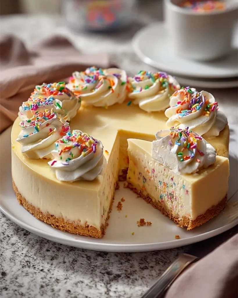 Delicious Sugar Cookie Cheesecake topped with festive sprinkles.