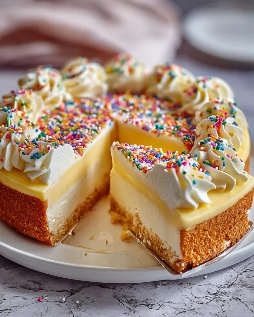Delicious slice of Sugar Cookie Cheesecake topped with sprinkles