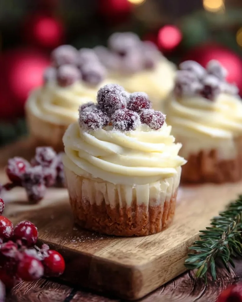 Sugared cranberry cheesecake bites on a festive plate