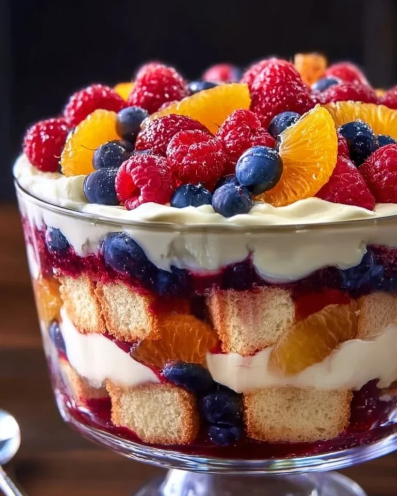 Delicious summer berry trifle dessert with layers of berries and cream