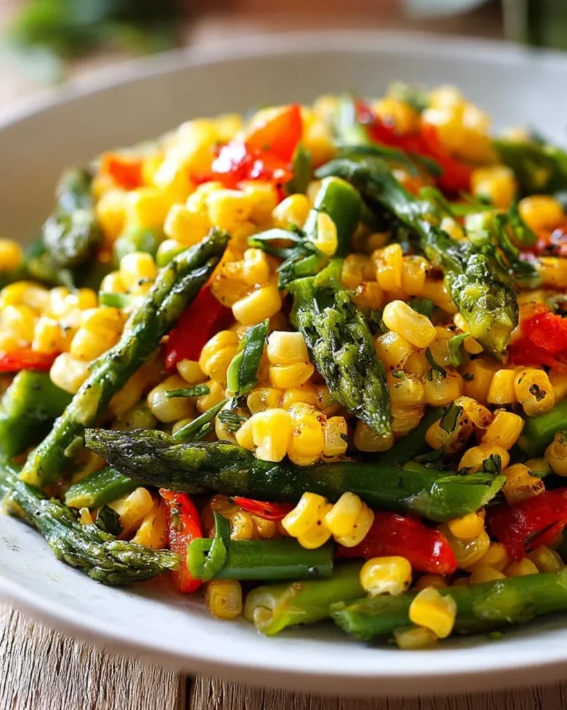 Delicious summer corn salad with fresh asparagus and vibrant toppings.