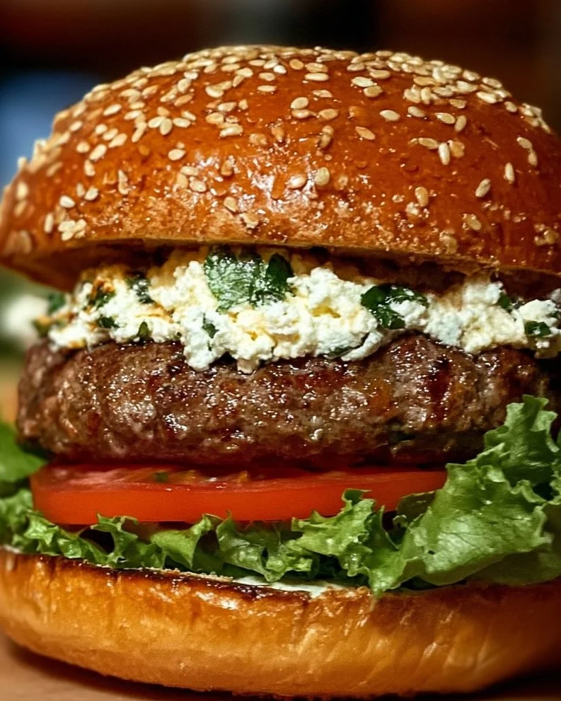 Juicy summer feta burger topped with fresh ingredients on a grill