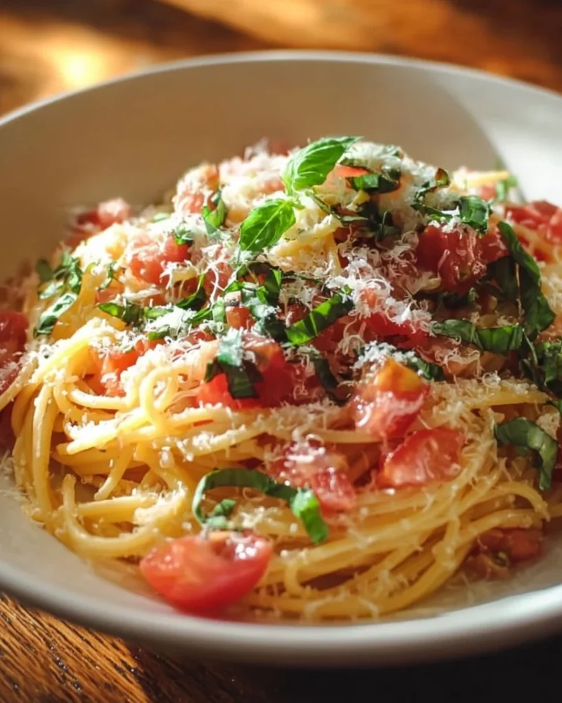 Summer fresh pasta with tomatoes and prosciutto garnished in a bowl