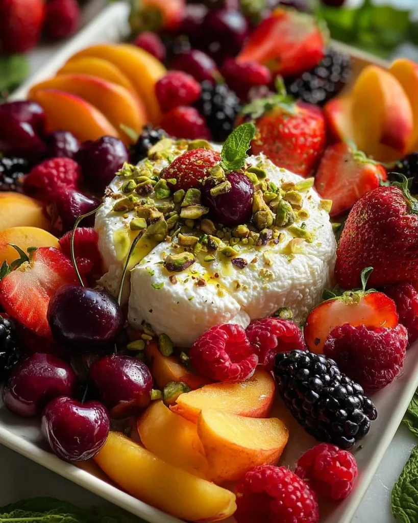 Delicious Summer Fruit Burrata Salad with fresh fruits and creamy burrata cheese