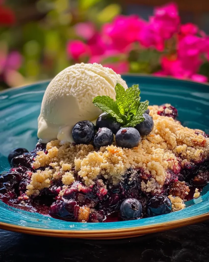 Delicious summer rhubarb blueberry cobbler topped with crispy crust