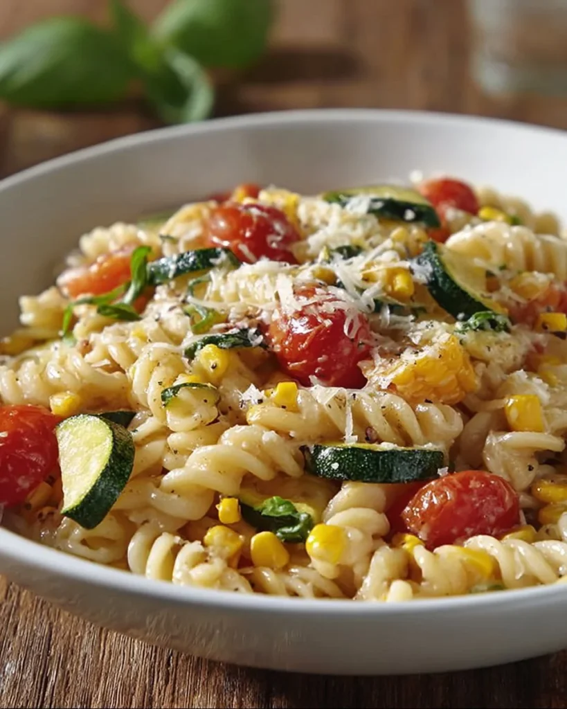 Plate of summer vegetable cavatelli with fresh corn cream sauce