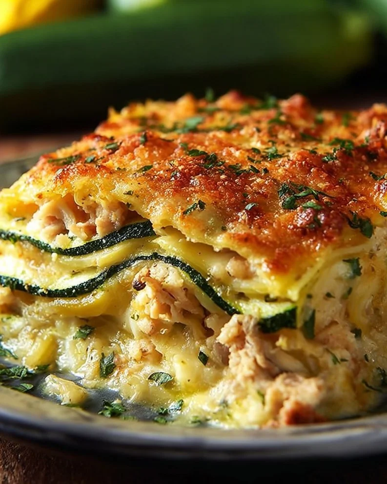 Delicious Summer Zucchini Chicken Casserole served in a baking dish with fresh herbs.