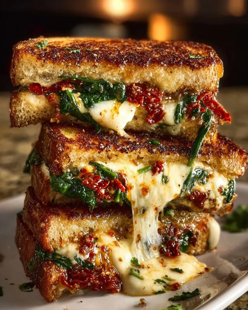 Sun-dried tomato, spinach, and ricotta grilled cheese sandwich on a plate