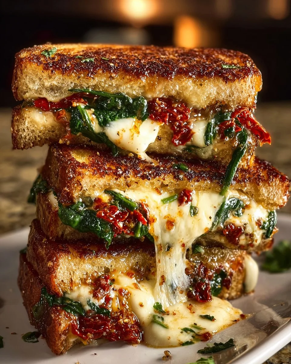 Sun-dried tomato, spinach, and ricotta grilled cheese sandwich on a plate