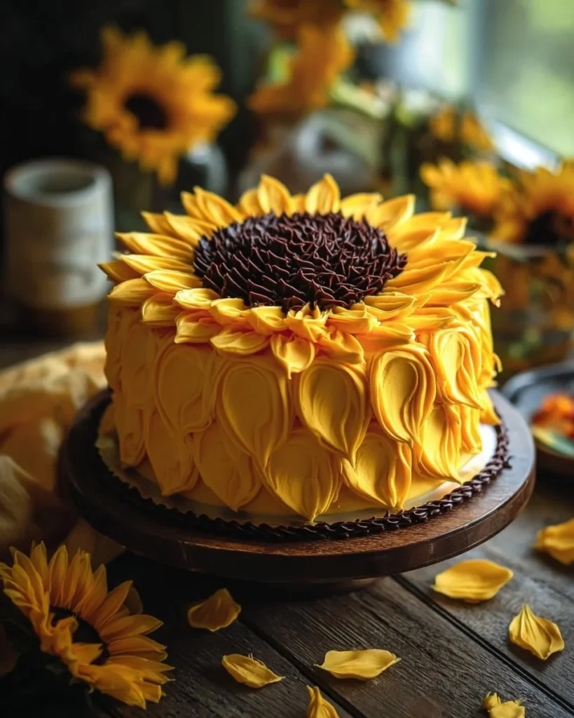 Sunflower Delight Cake garnished with fresh sunflowers and frosting