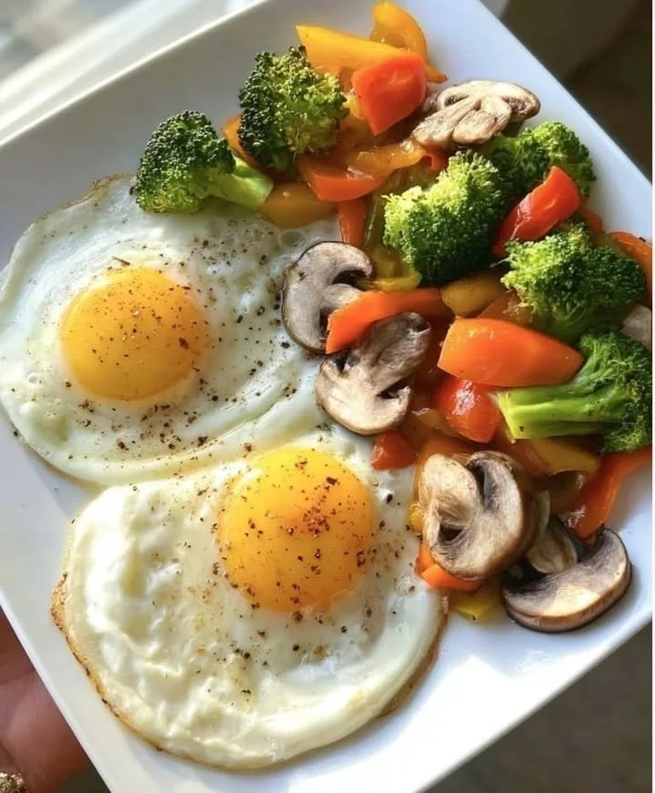 Delicious Sunny Eggs served with a mix of sautéed vegetables on a power plate.