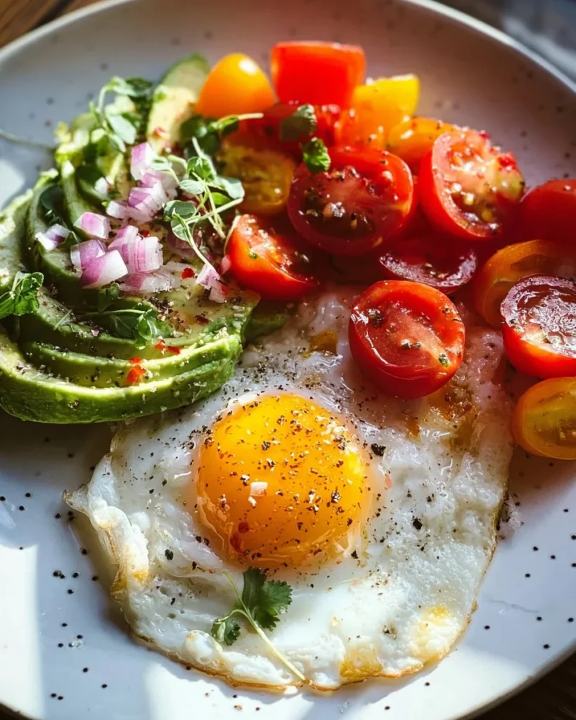 Sunny Side Breakfast Bowl with avocado and cherry tomatoes for a healthy breakfast