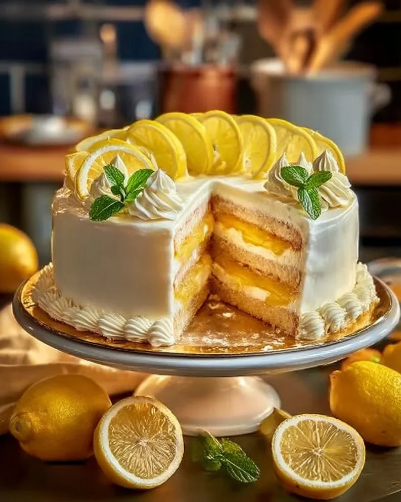 Sunshine Lemon Layer Cake with layers of lemon frosting and zest