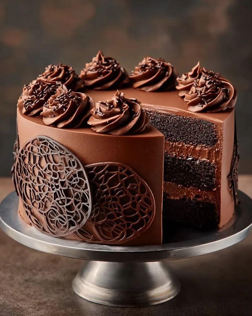 Delicious slice of super moist chocolate cake with a rich chocolate frosting