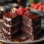 Super moist chocolate cake topped with creamy chocolate ganache
