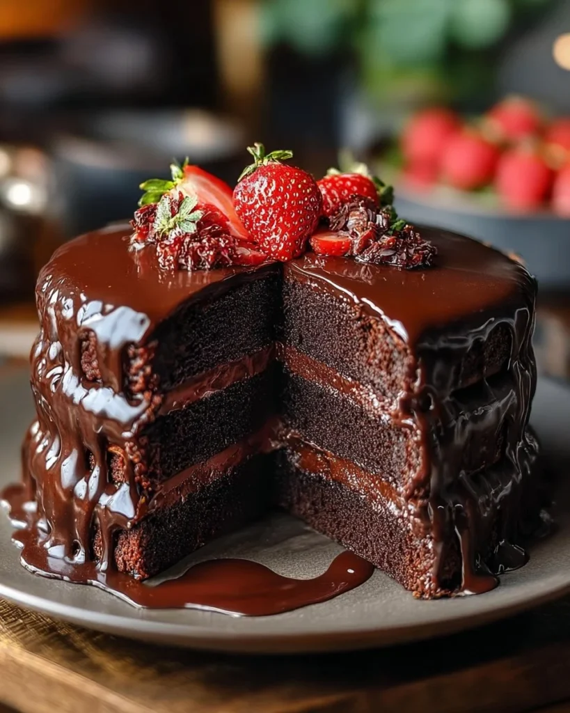 Super moist chocolate cake topped with creamy chocolate ganache