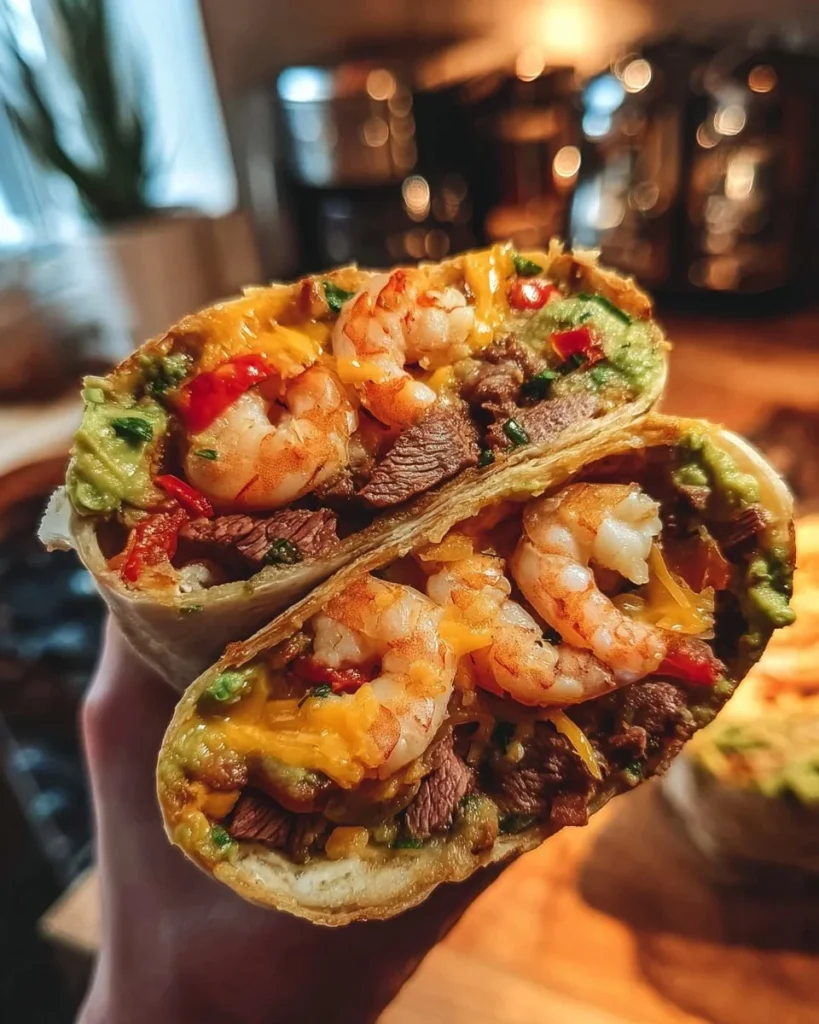 Delicious Surf and Turf Burrito with steak and seafood ingredients