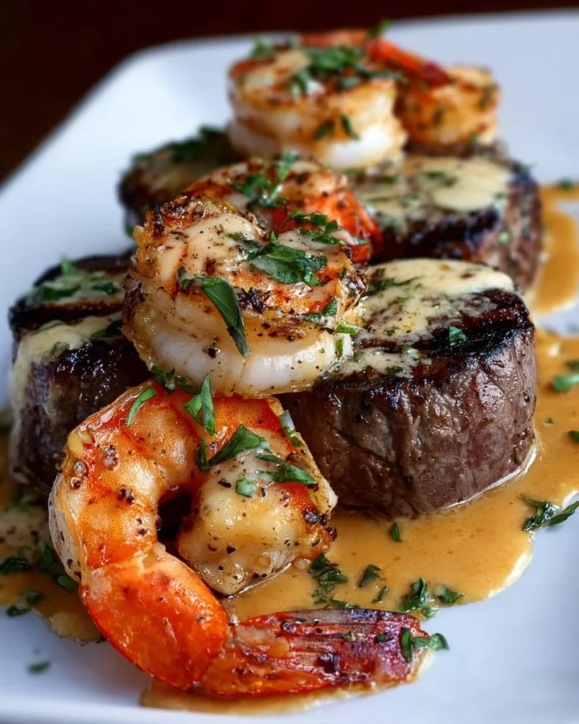 Delicious Surf and Turf with Creamy Garlic Sauce served on a plate.