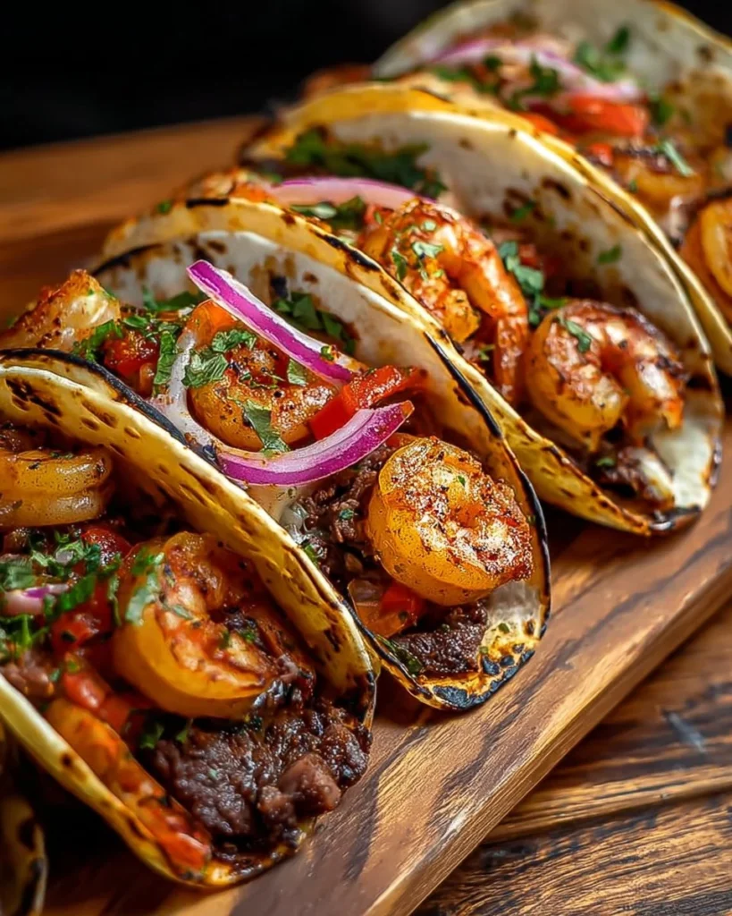 Delicious Surf & Turf Tacos featuring beef and seafood in a soft tortilla.