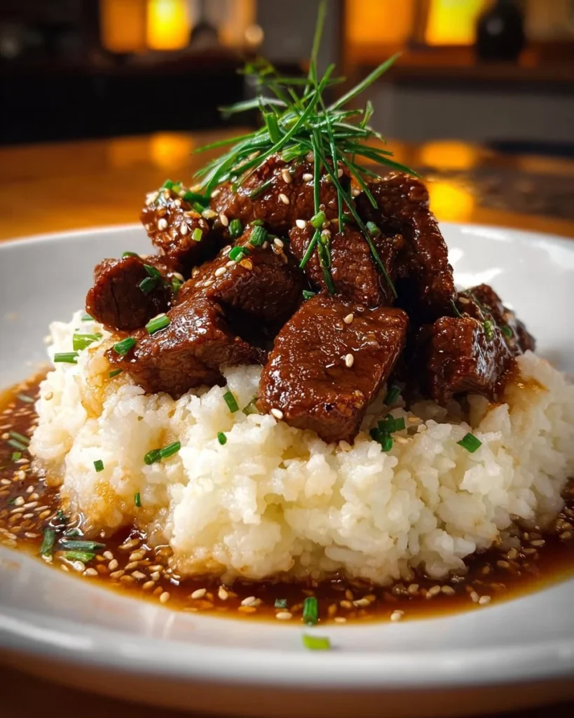Delicious honey garlic butter steak garnished and served with rice
