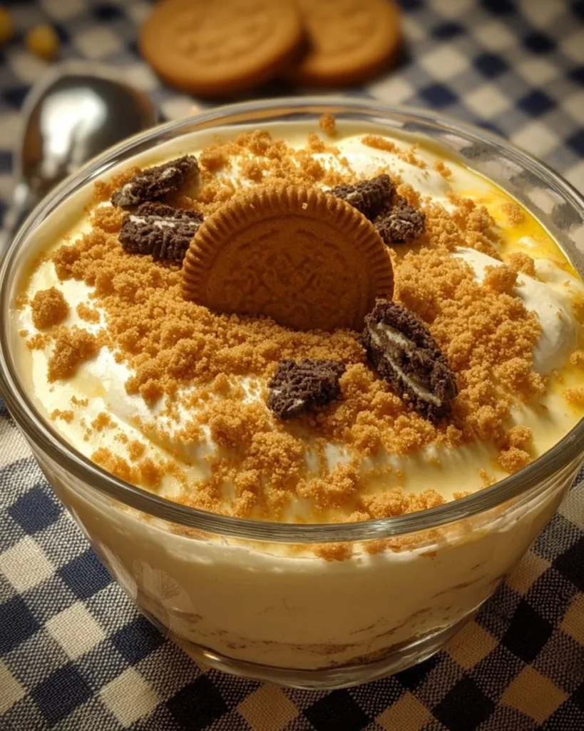 Sweet biscuit pudding served with creamy sauce and chocolate sprinkles.
