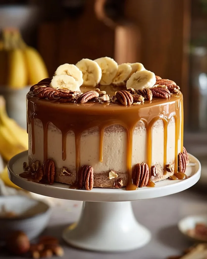 Sweet caramel banana cake topped with pecans on a white plate