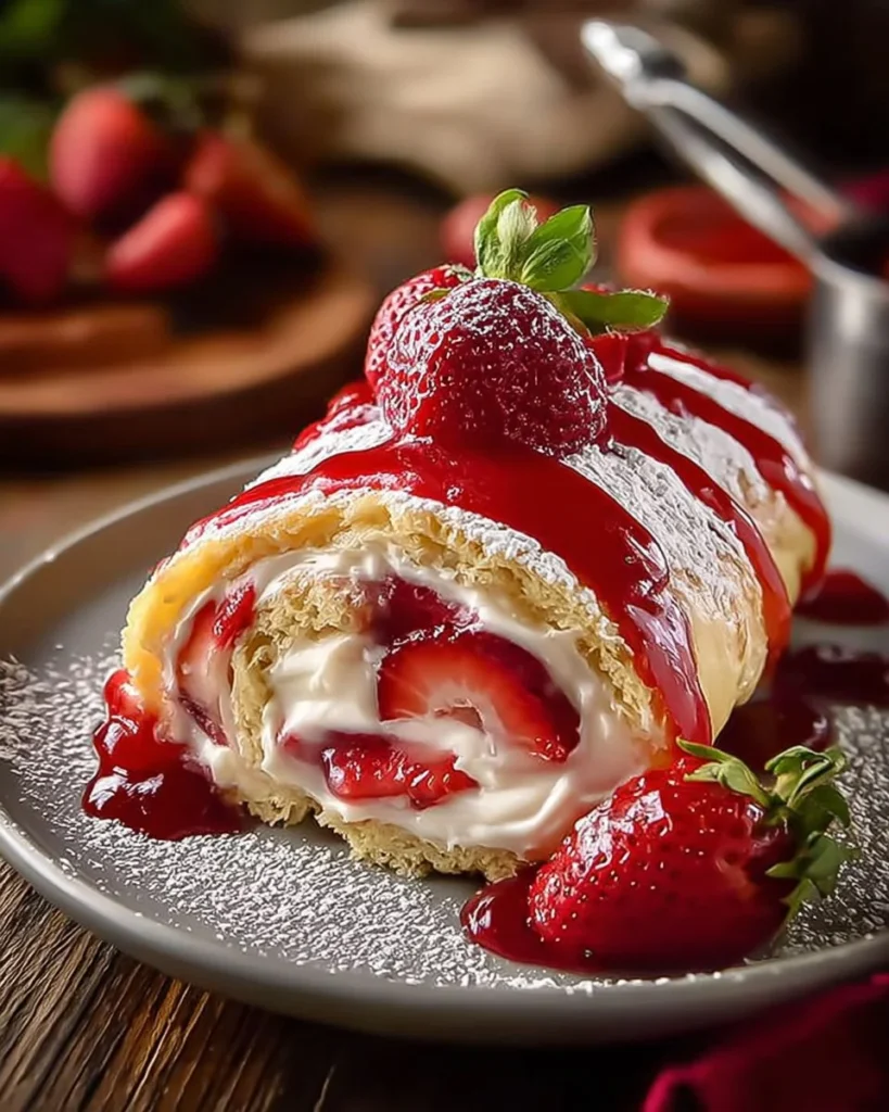 Delicious sweet cheese cake roll with fresh strawberry topping