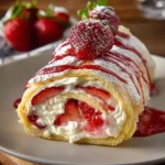 Sweet cheese cake roll topped with fresh strawberries and whipped cream.