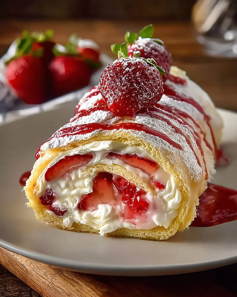 Sweet cheese cake roll topped with fresh strawberries and whipped cream.