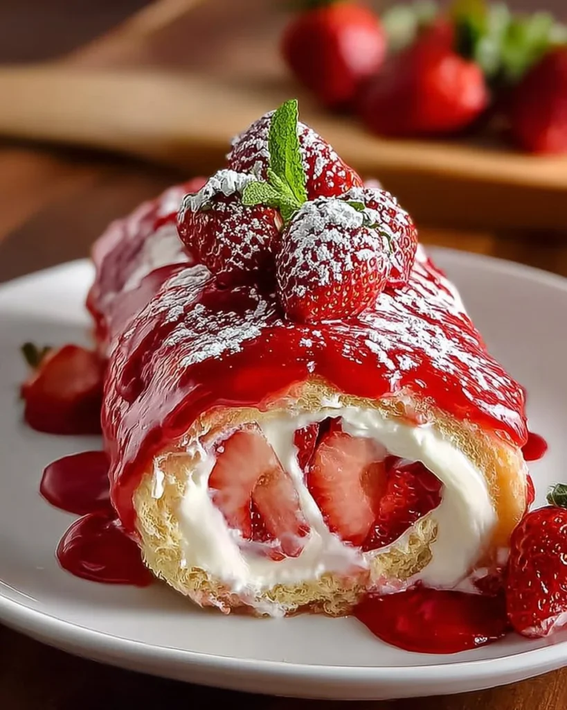 Delicious sweet cheese cake roll with fresh strawberries on a plate