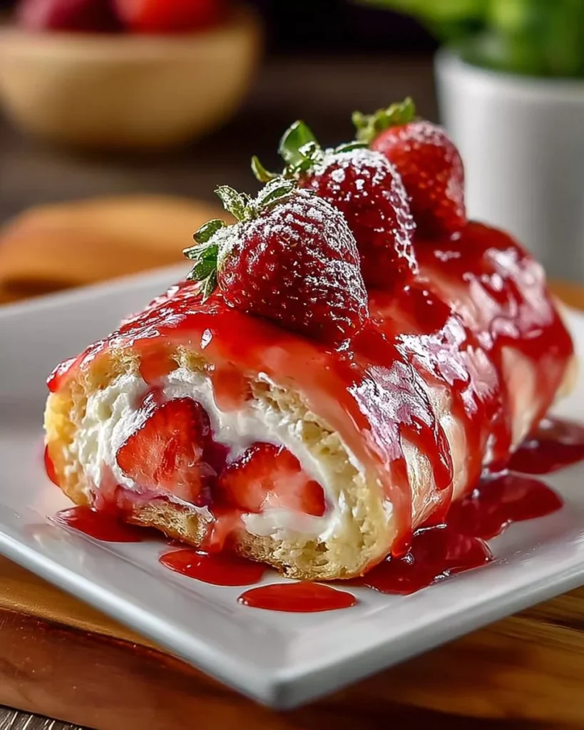 Delicious sweet cheese cake roll filled with strawberries on a plate